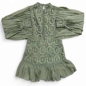 ASOS Design Sage Green Lace Pleated Mini Dress Size US 8 Romantic Puff Sleeve